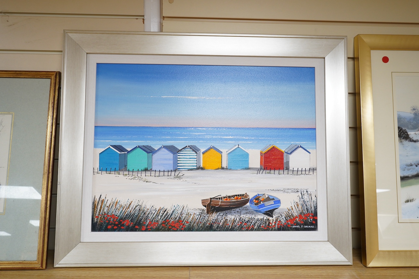 Nigel J Greaves (b.1948), acrylic on board, ‘Beach Huts’, signed, 40 x 60cm. Condition - good